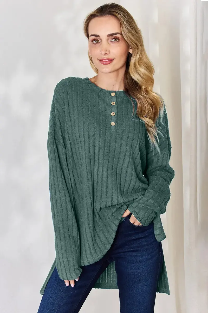 Ribbed Half Button Long Sleeve High-Low T-Shirt 8