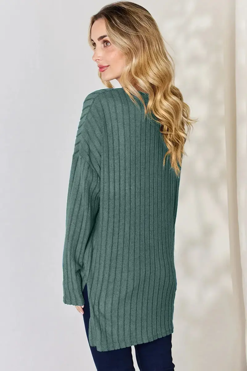 Ribbed Half Button Long Sleeve High-Low T-Shirt 9