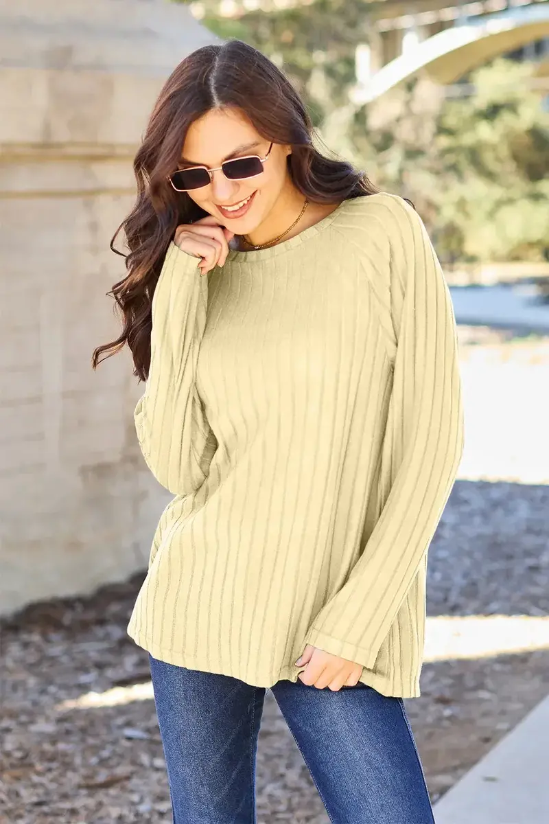 Ribbed Long-Sleeve Round-Neck Knit Top