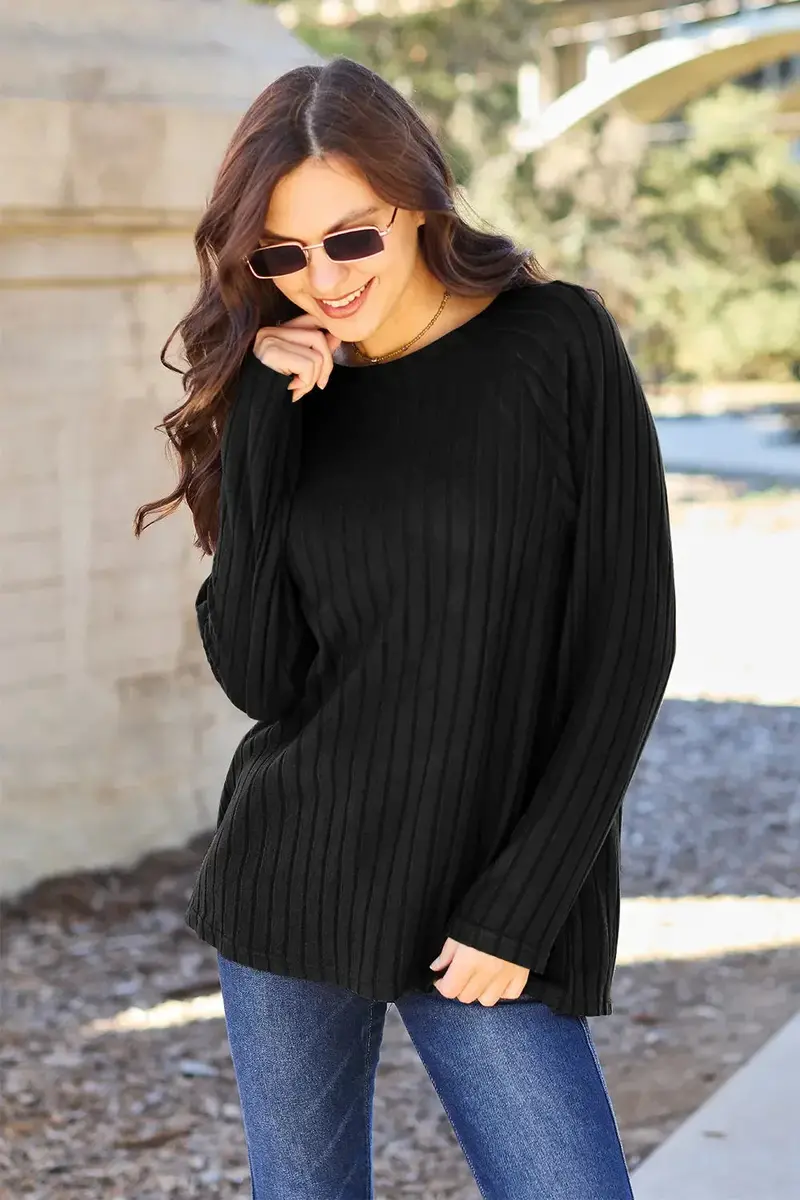Ribbed Long-Sleeve Round-Neck Knit Top