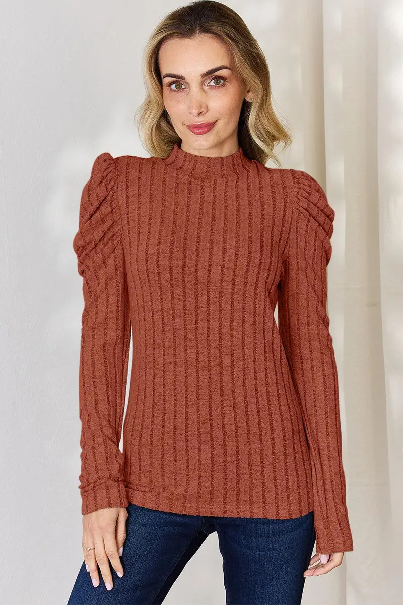 Ribbed Mock Neck Puff Sleeve T-Shirt 1