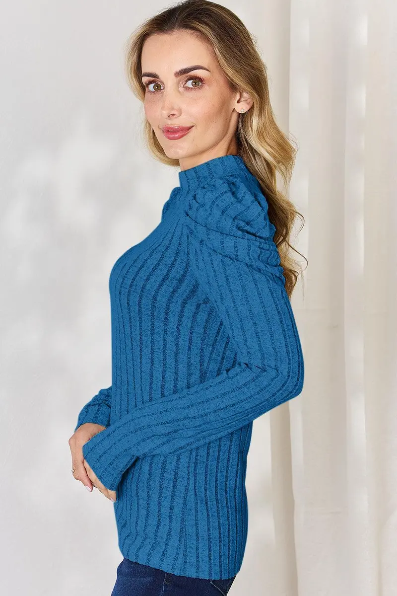 Ribbed Mock Neck Puff Sleeve T-Shirt 10