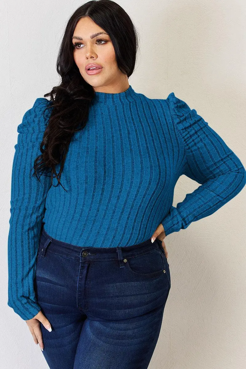 Ribbed Mock Neck Puff Sleeve T-Shirt 12