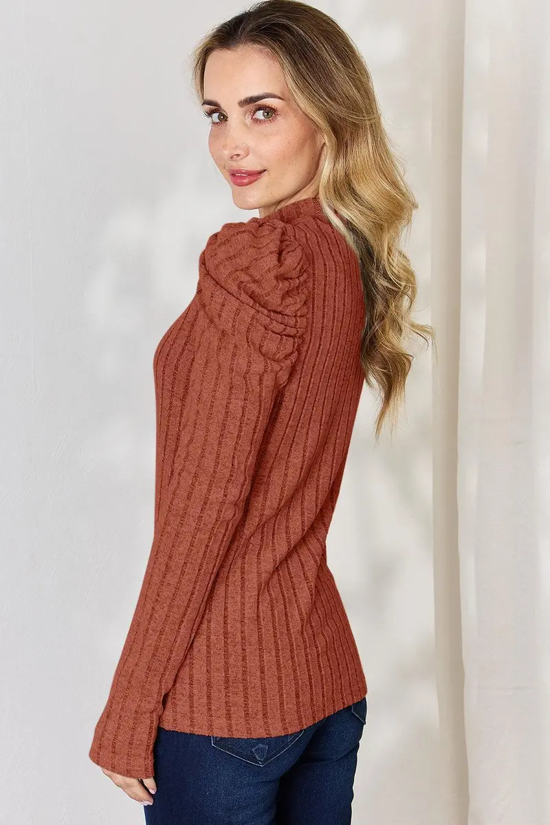 Ribbed Mock Neck Puff Sleeve T-Shirt 2