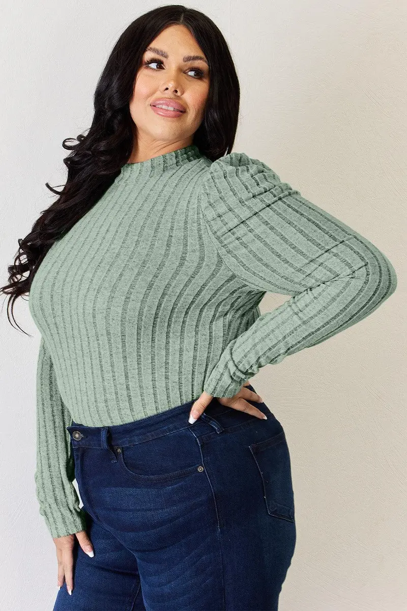 Ribbed Mock Neck Puff Sleeve T-Shirt 20