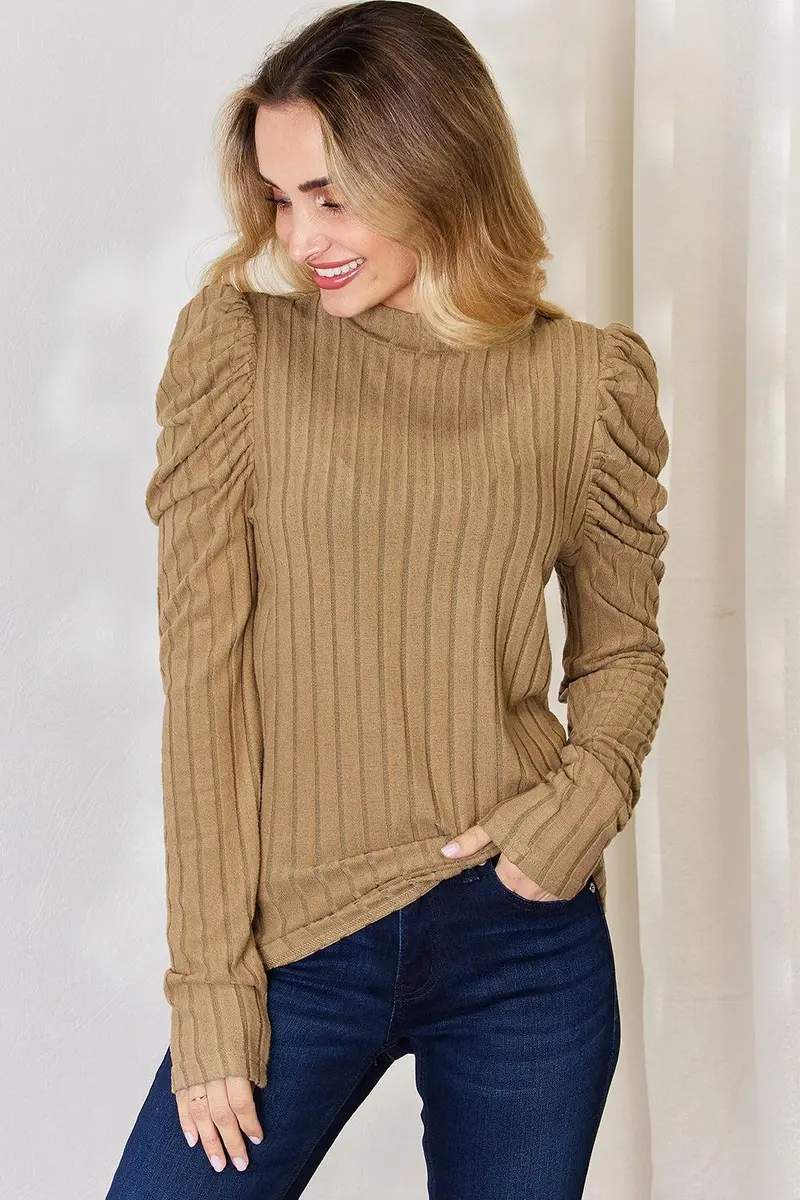 Ribbed Mock Neck Puff Sleeve T-Shirt 25