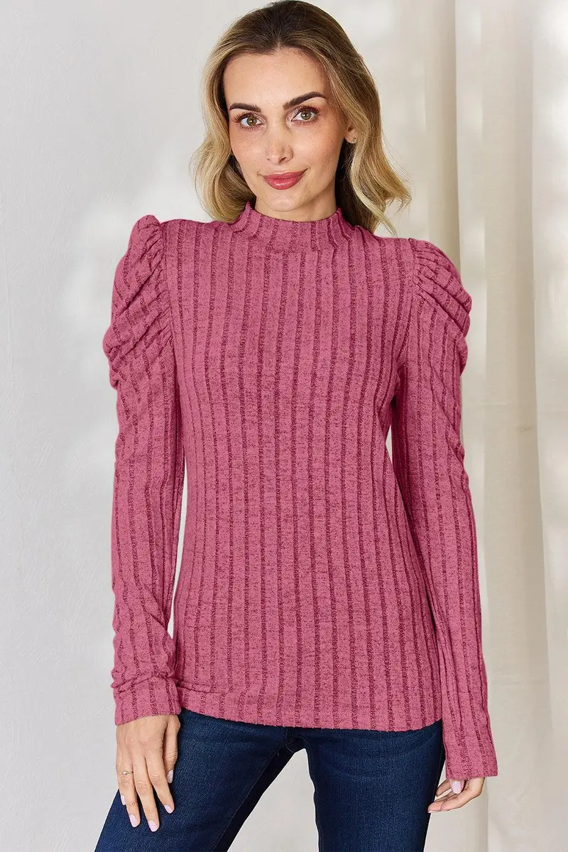 Ribbed Mock Neck Puff Sleeve T-Shirt 25