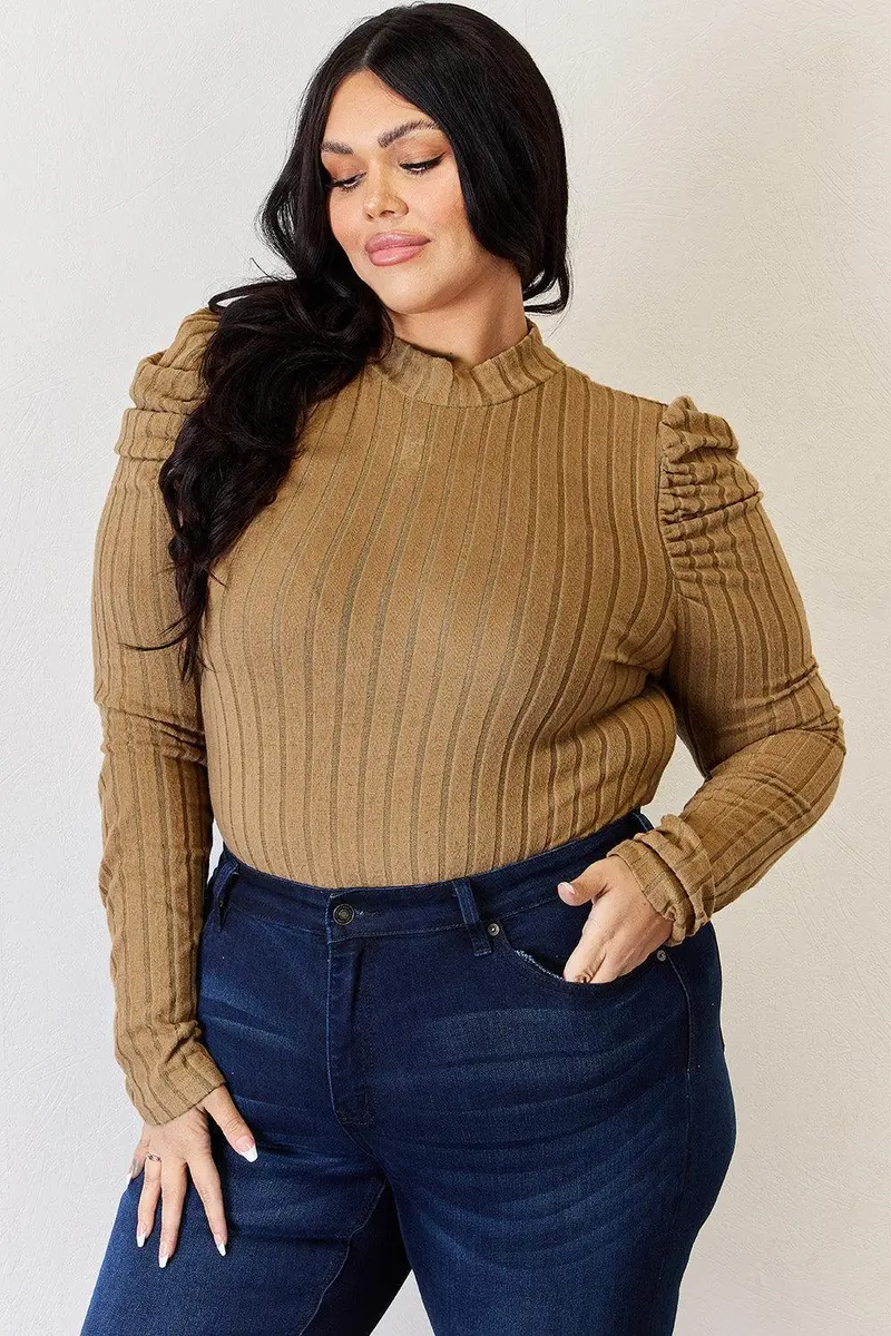 Ribbed Mock Neck Puff Sleeve T-Shirt 30