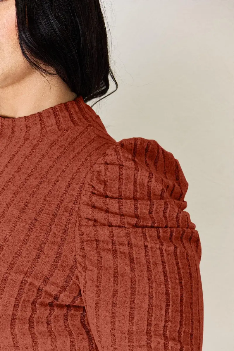Ribbed Mock Neck Puff Sleeve T-Shirt 7