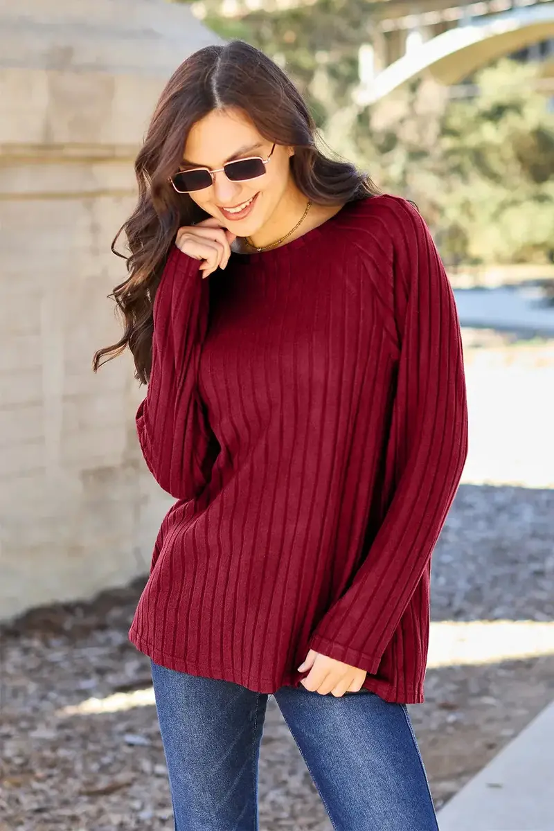 Ribbed Round Neck Long Sleeve Knit Top 1