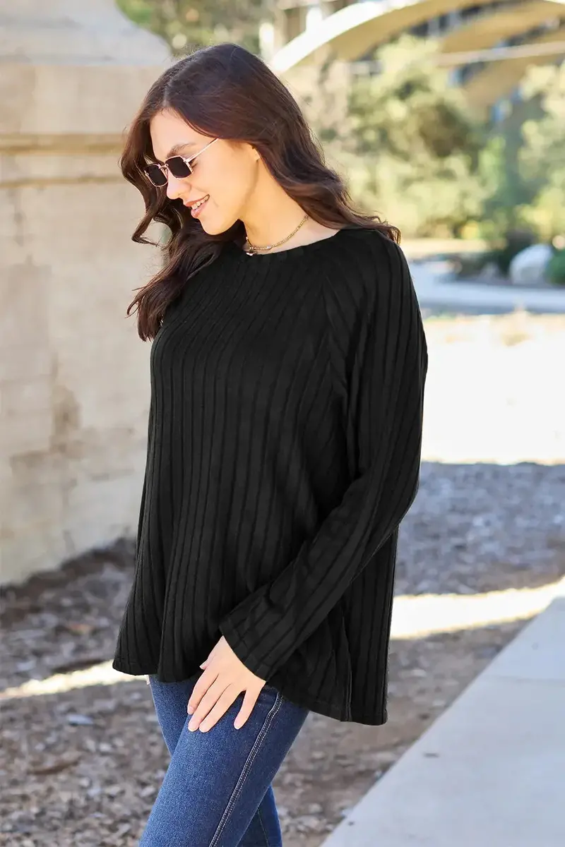 Ribbed Round Neck Long Sleeve Knit Top 14