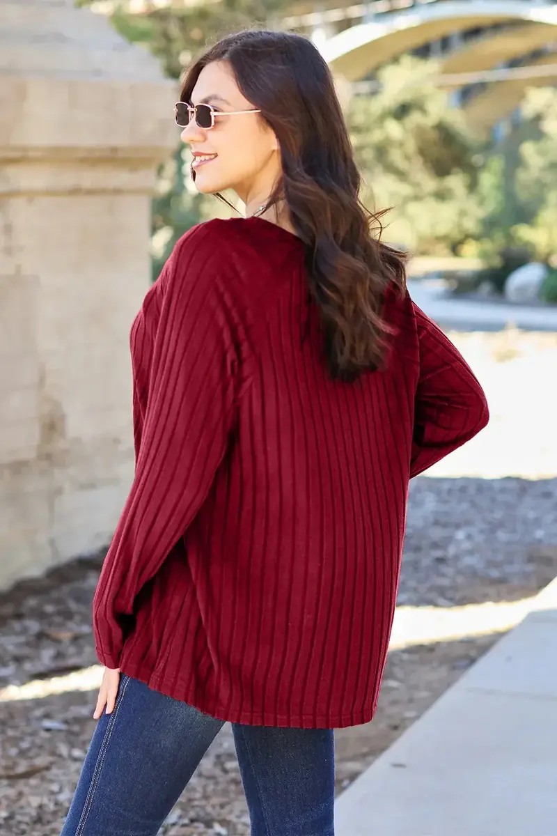 Ribbed Round Neck Long Sleeve Knit Top 2