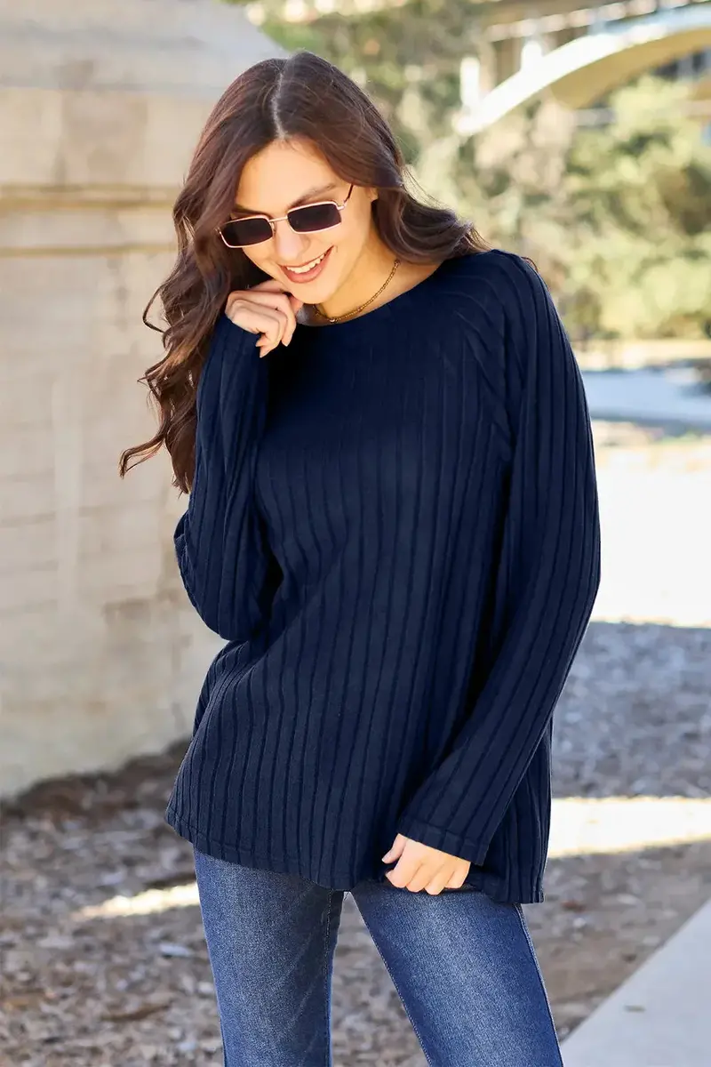 Ribbed Round Neck Long Sleeve Knit Top 7