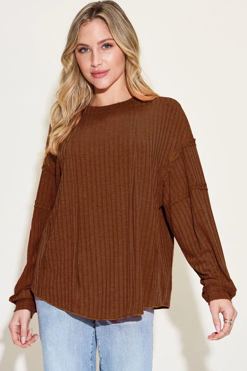 Ribbed Round Neck Long Sleeve T-Shirt 1