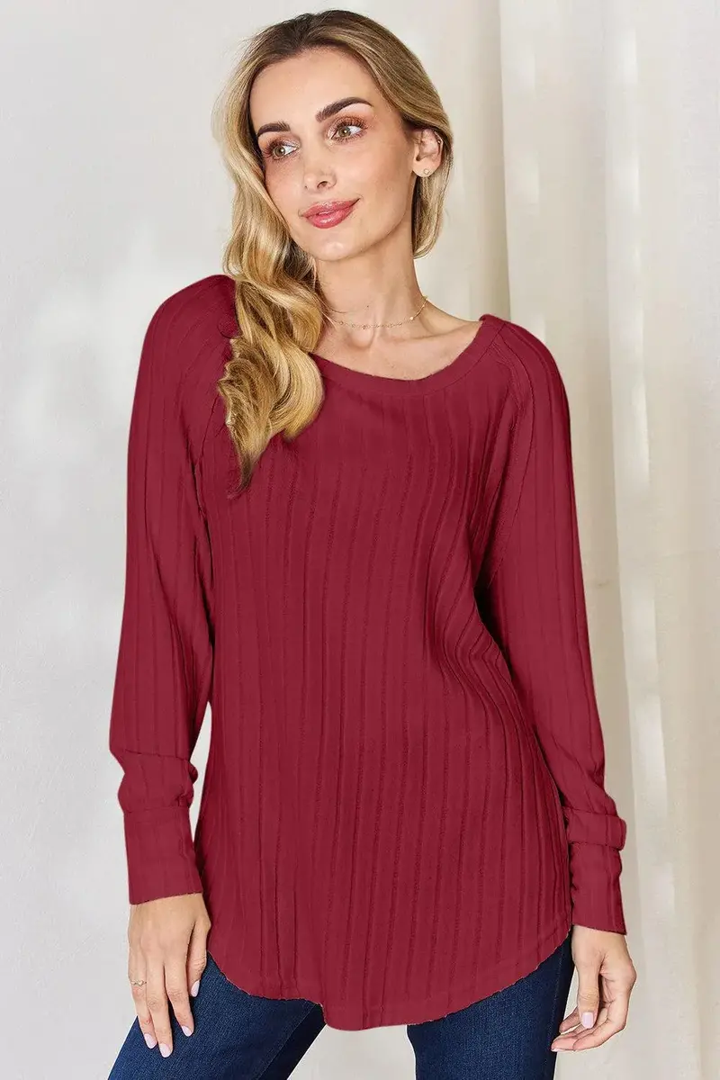 Ribbed Round Neck Slit T-Shirt 13