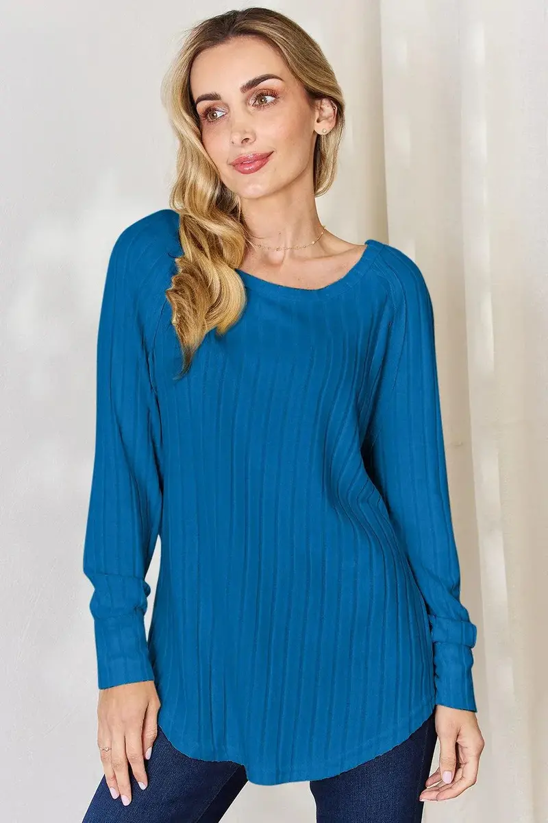 Ribbed Round Neck Slit T-Shirt 19
