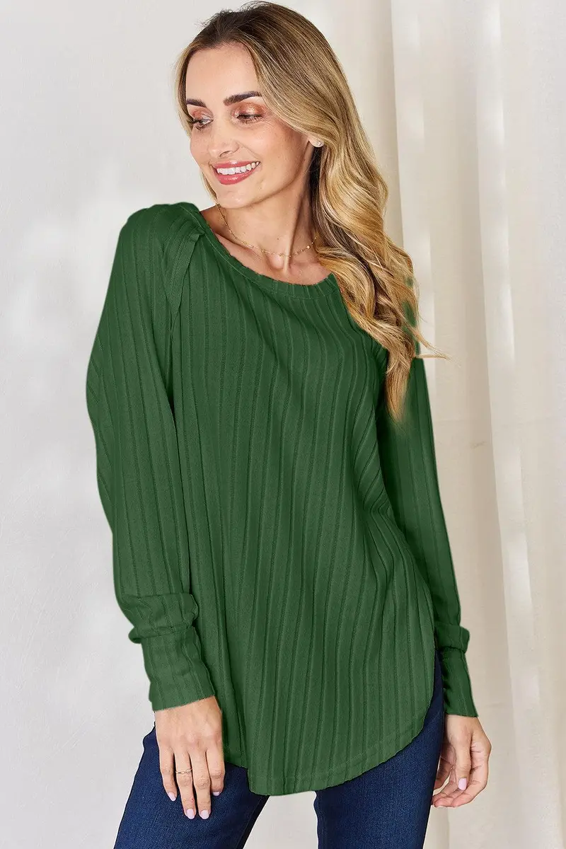 Ribbed Round Neck Slit T-Shirt 6