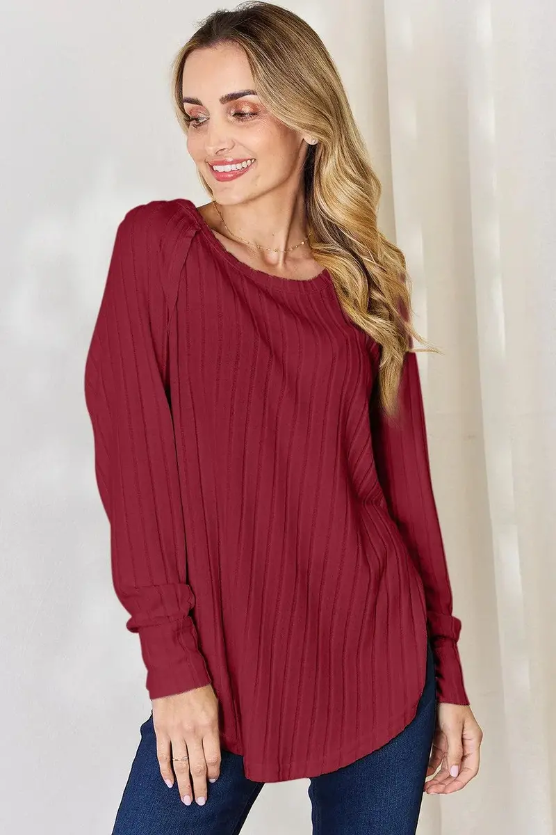 Ribbed Round Neck Slit T-Shirt 9