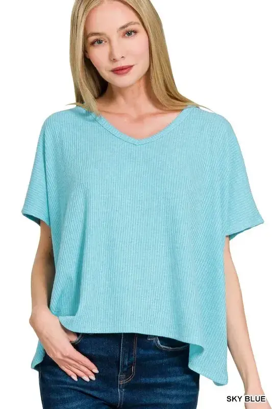 Ribbed V-Neck Short-Sleeve Knit Top 1