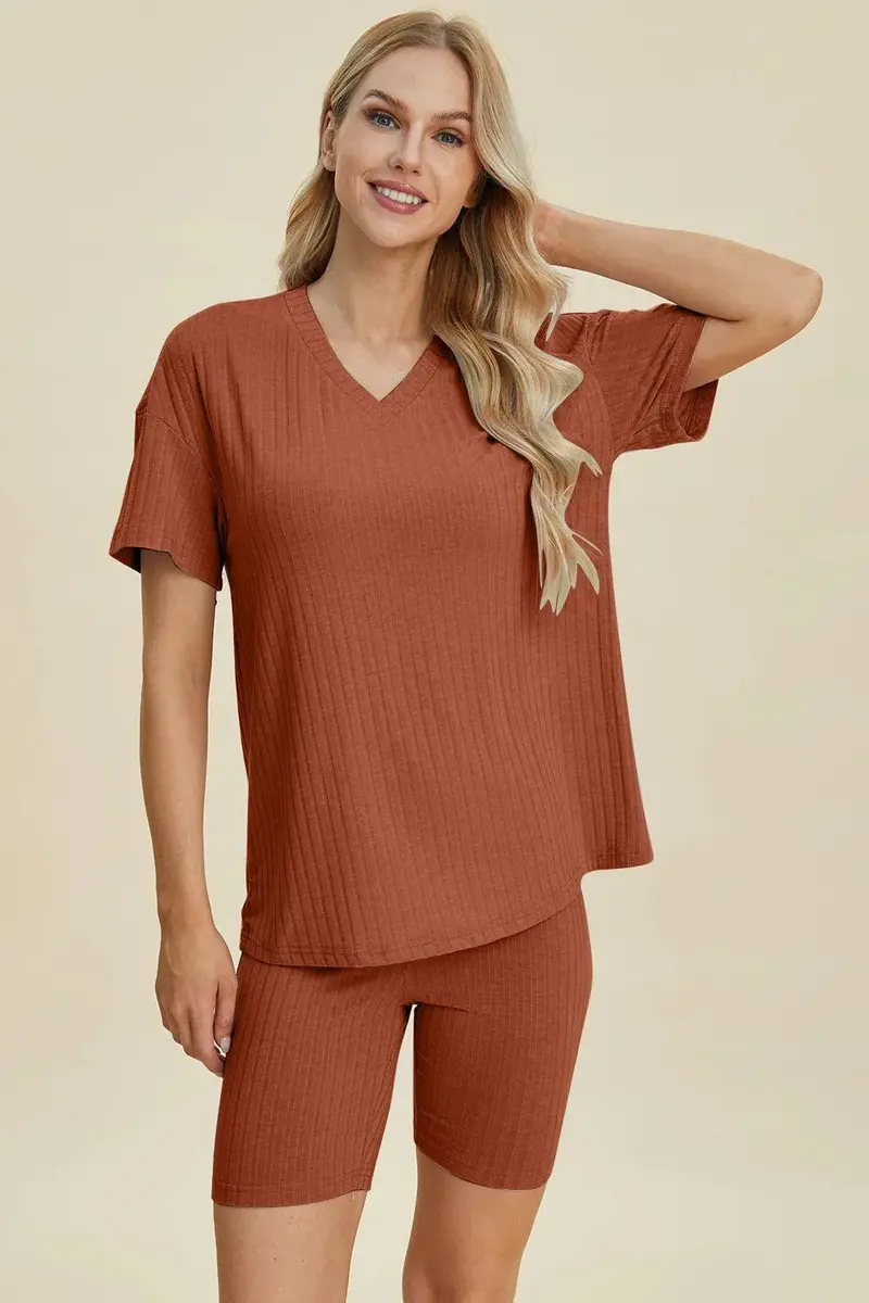 Ribbed V-Neck Short Sleeve Top And Shorts Set 1