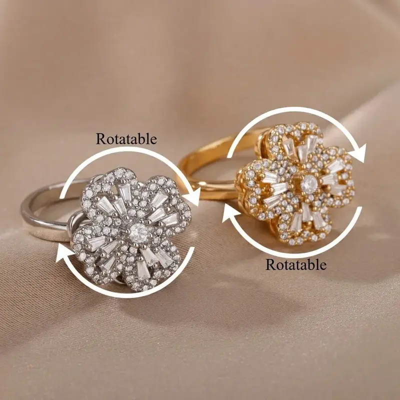 Rotating Zircon Flower Anxiety-Relief Ring in 18K Gold