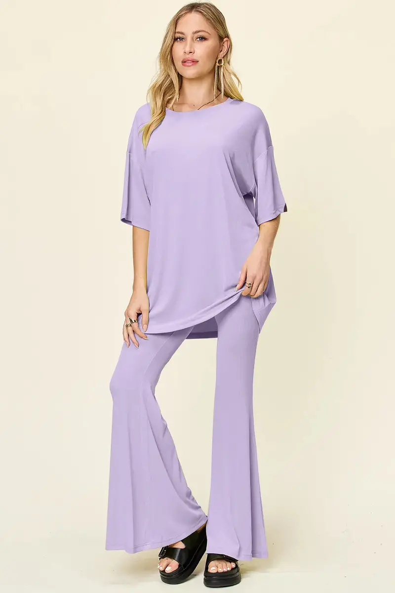 Round Neck Drop Shoulder T-Shirt And Flare Pants Set 1