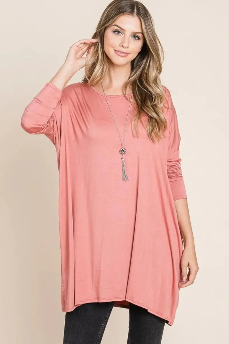 Round Neck Long Sleeve Oversized Top In Brick 1