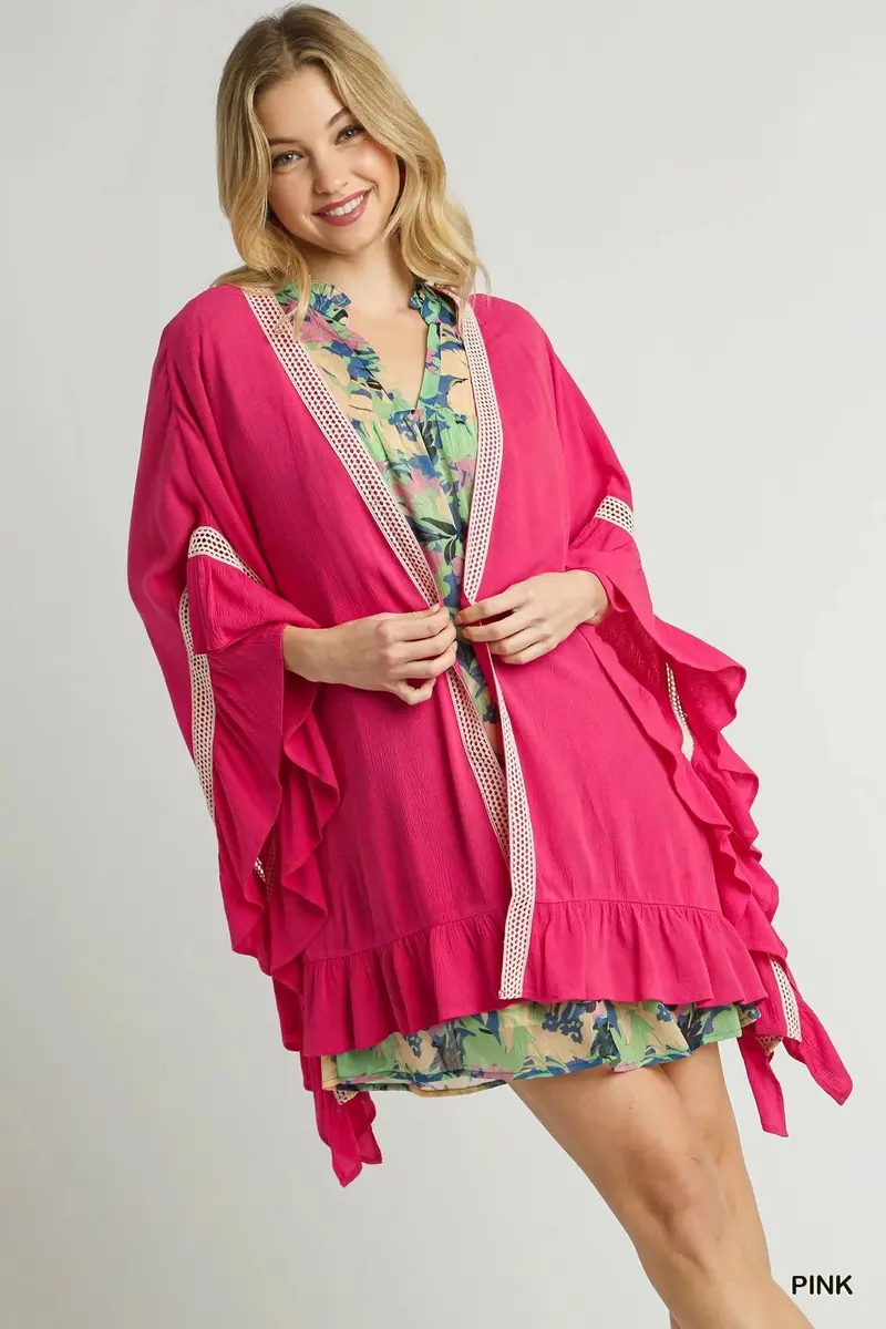 Ruffle Trim Kimono With Crochet Accent 1