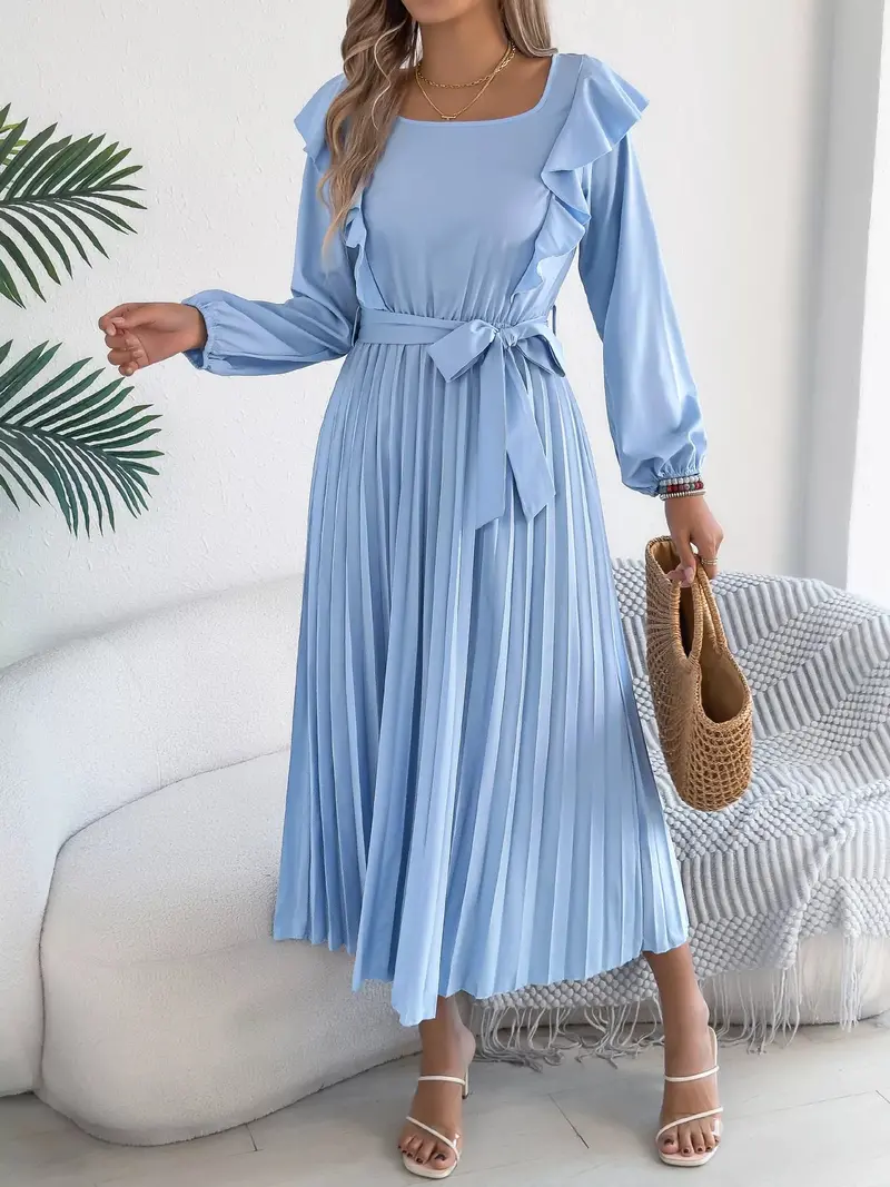 Ruffle Trim Pleated A-Line Midi Dress 1