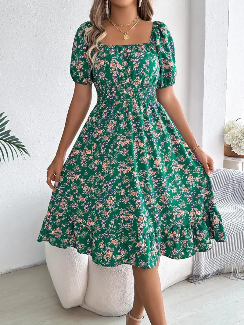Ruffled Hem Floral Puff Sleeve Dress 10