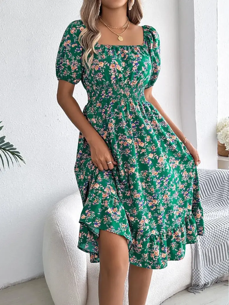 Ruffled Hem Floral Puff Sleeve Dress 11