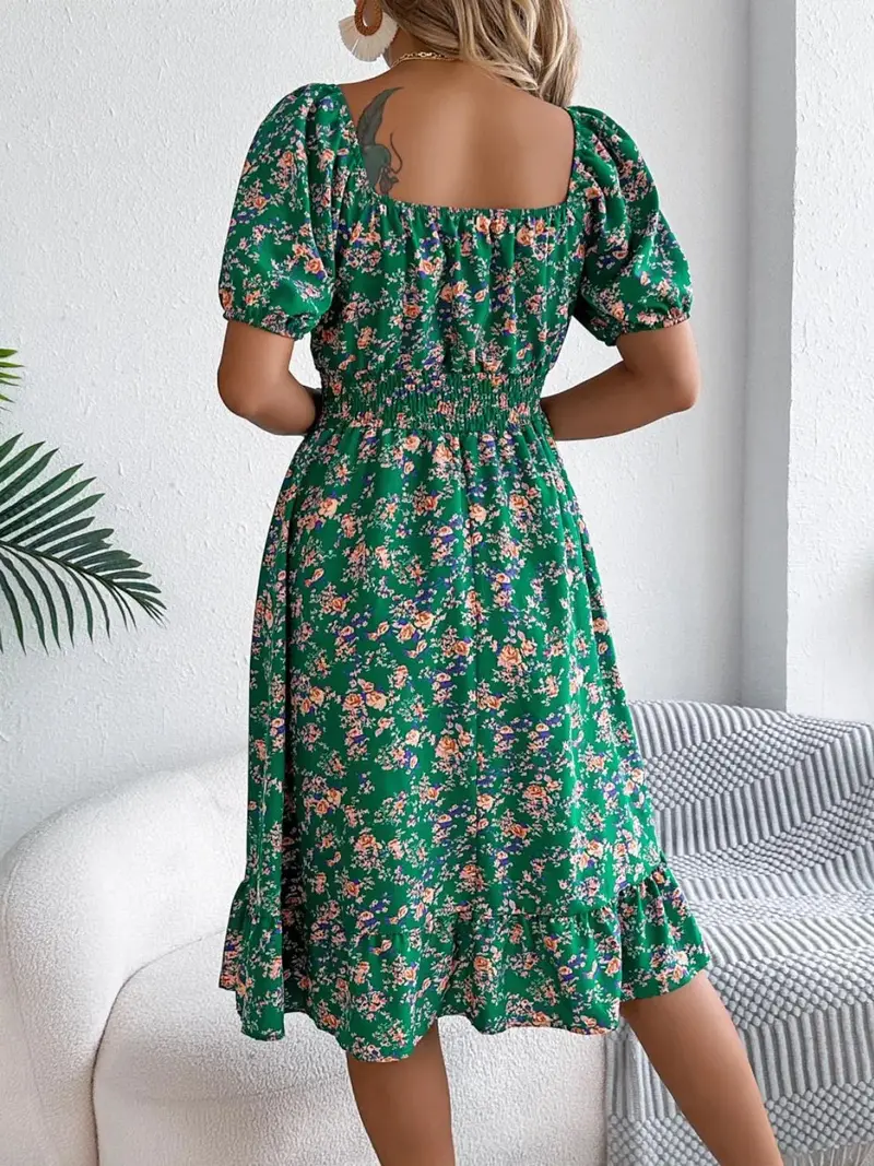 Ruffled Hem Floral Puff Sleeve Dress 12