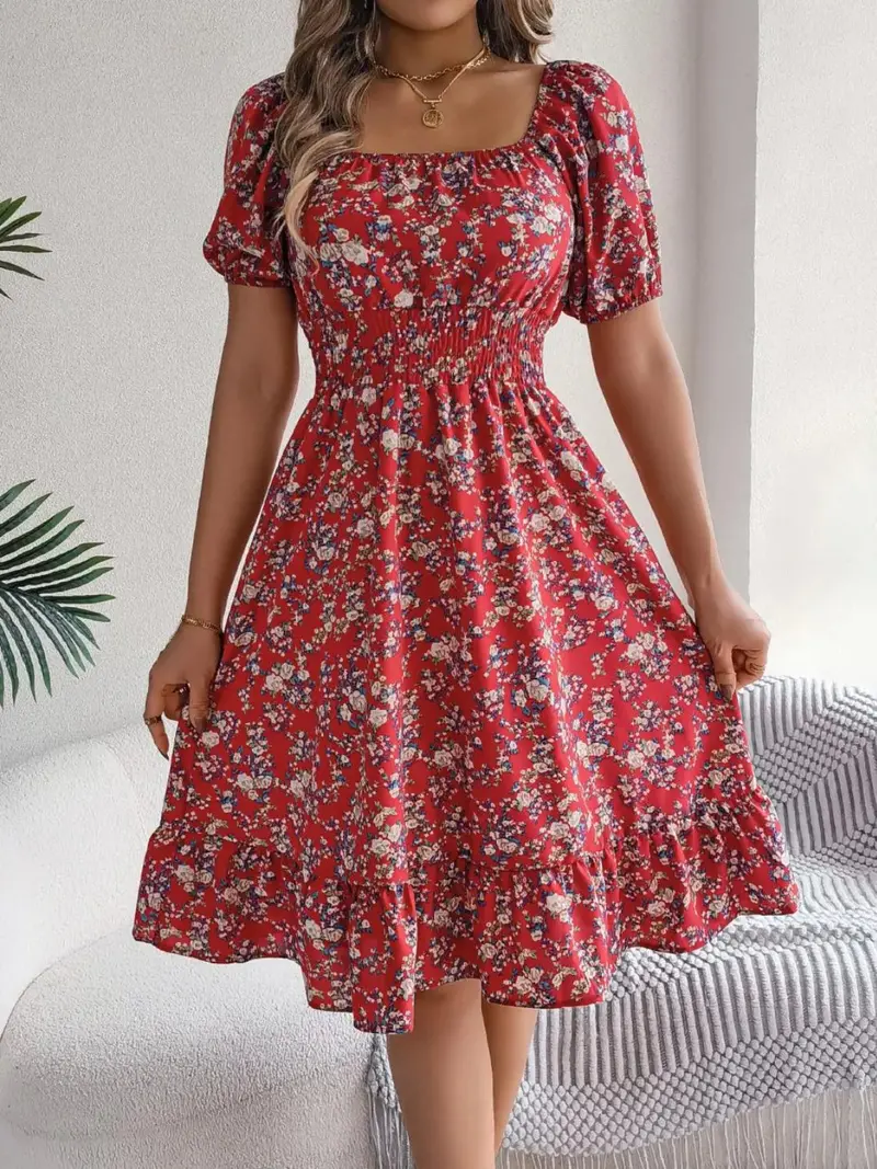 Ruffled Hem Floral Puff Sleeve Dress 13
