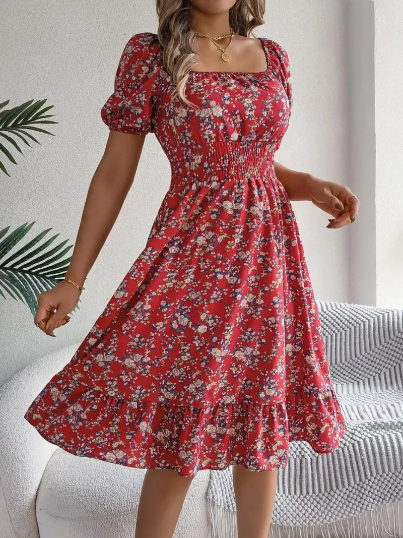 Ruffled Hem Floral Puff Sleeve Dress 15