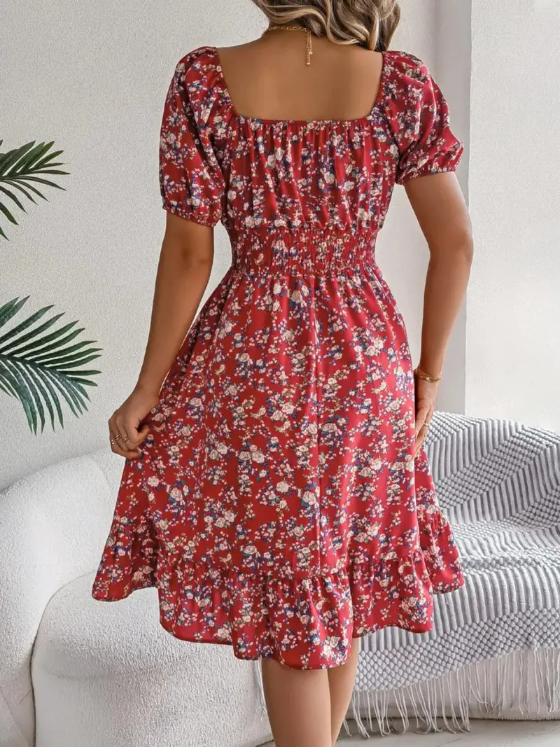 Ruffled Hem Floral Puff Sleeve Dress 16