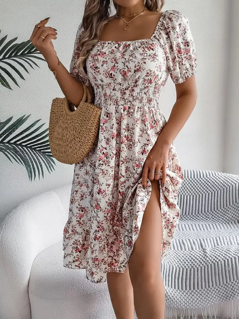 Ruffled Hem Floral Puff Sleeve Dress 20