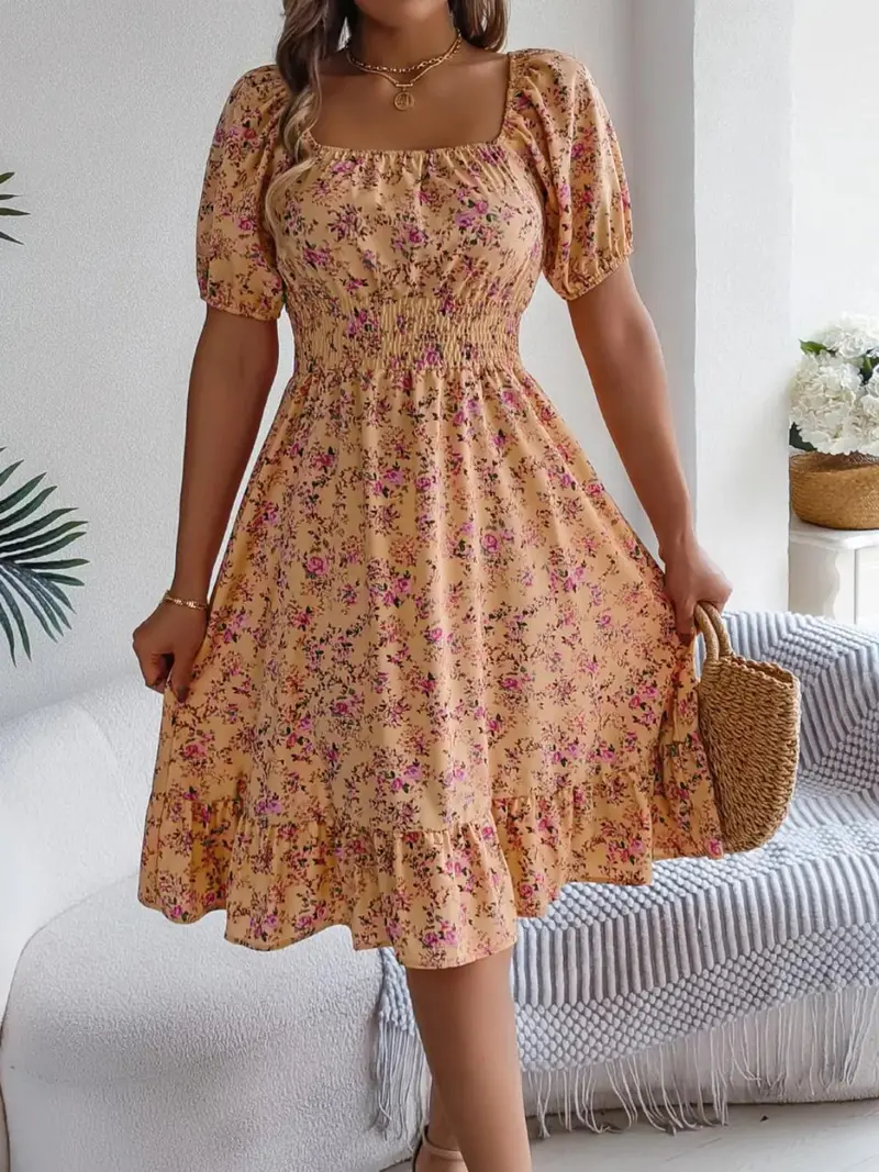 Ruffled Hem Floral Puff Sleeve Dress 22