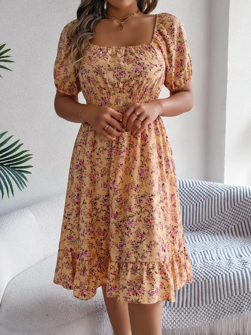 Ruffled Hem Floral Puff Sleeve Dress 24