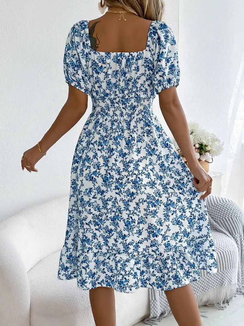Ruffled Hem Floral Puff Sleeve Dress 3