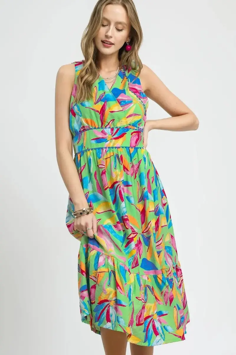 Ruffled Hem Printed Sleeveless Midi Dress 1