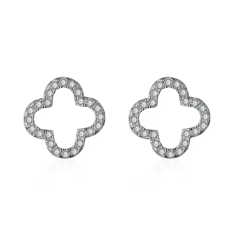 S925 Sterling Silver Forest-Style Four-Leaf Clover Diamond Earrings 1