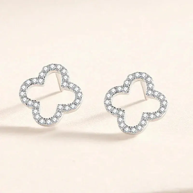 S925 Sterling Silver Forest-Style Four-Leaf Clover Diamond Earrings 1