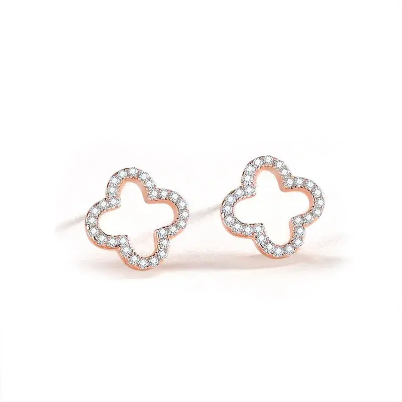 S925 Sterling Silver Forest-Style Four-Leaf Clover Diamond Earrings 2