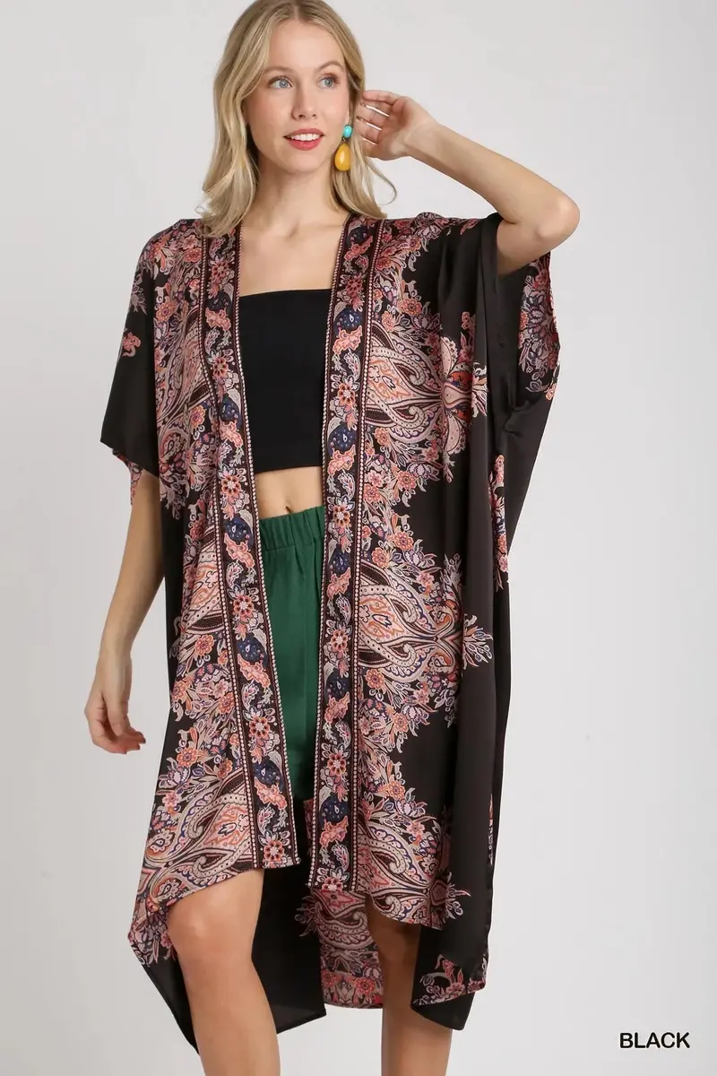 Satin Border Print Short Sleeve Open Front Kimono 1