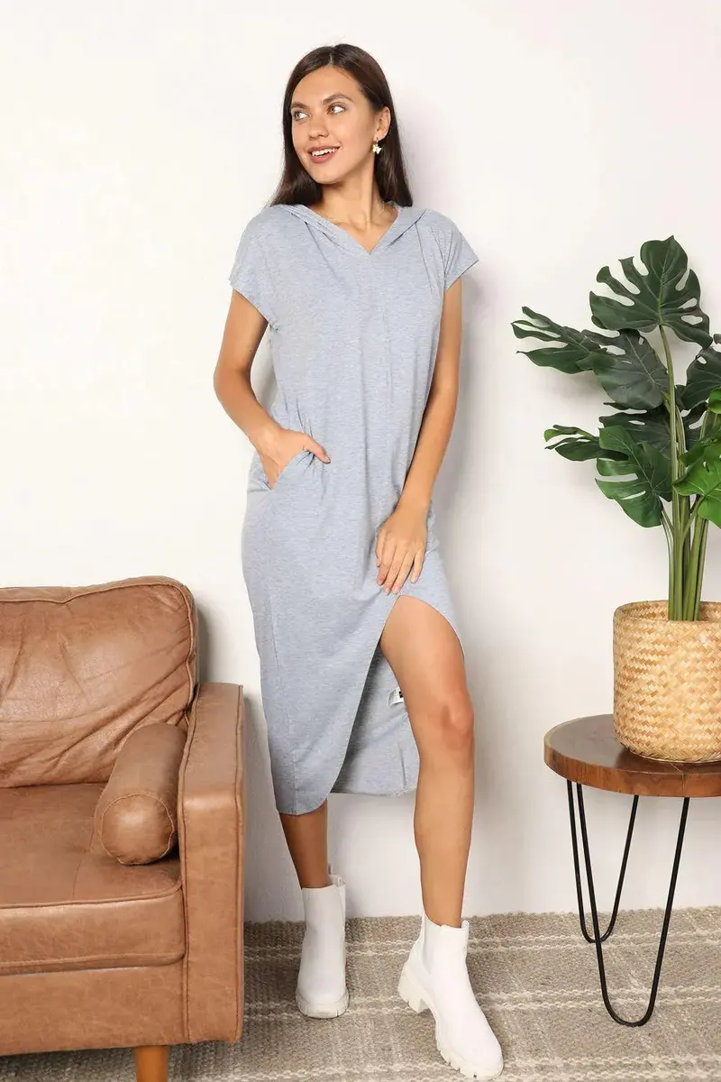 Short Sleeve Front Slit Hooded Dress 1