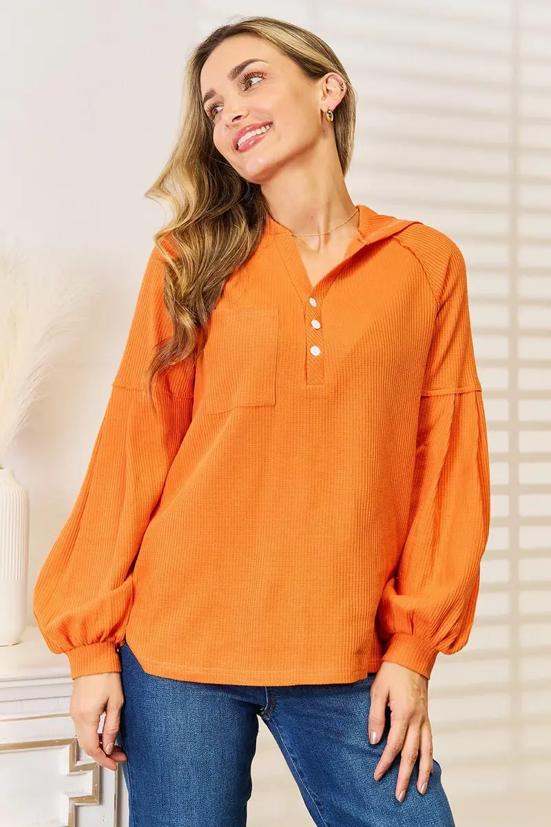 Side Slit Buttoned Waffle Knit Hoodie 1