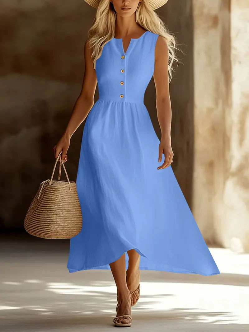 Sleeveless Button Front Flowy Midi Dress 1