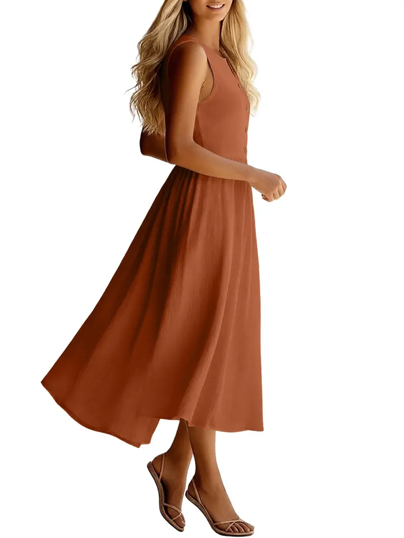 Sleeveless Button Front Flowy Midi Dress 15