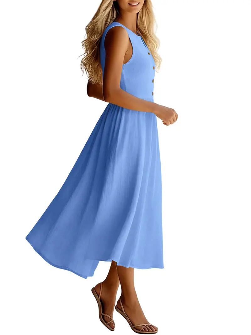 Sleeveless Button Front Flowy Midi Dress 2