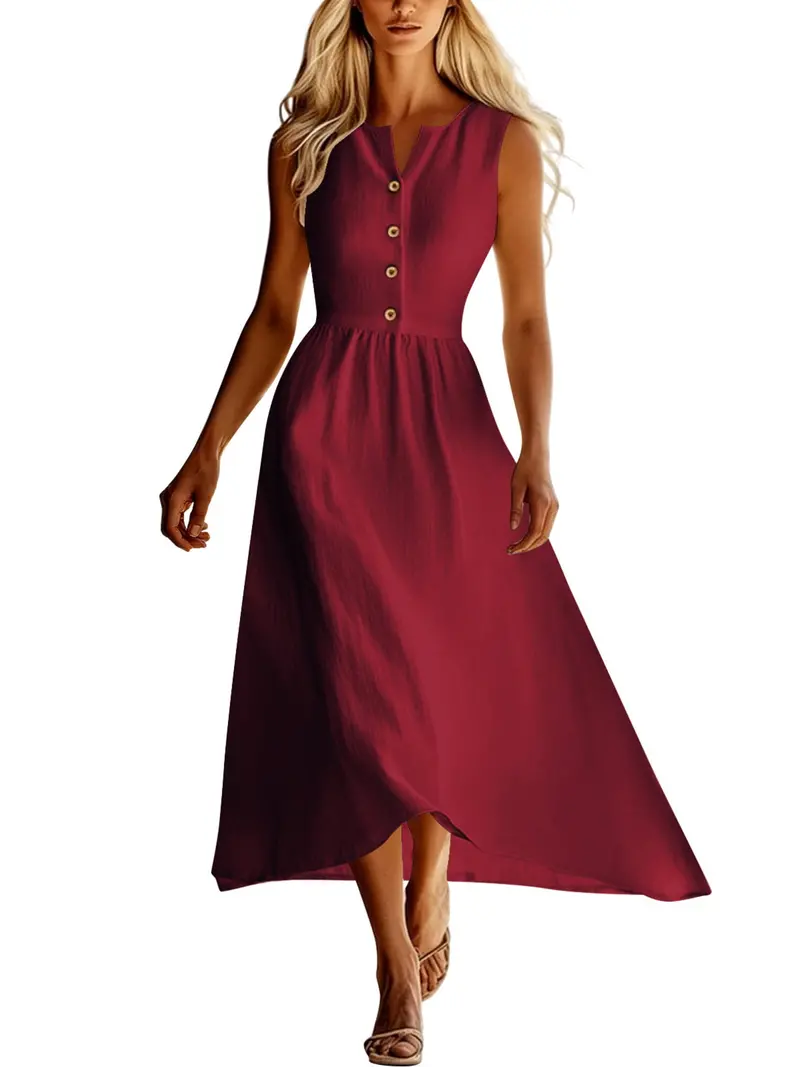 Sleeveless Button-Front Flowy Midi Dress for Women